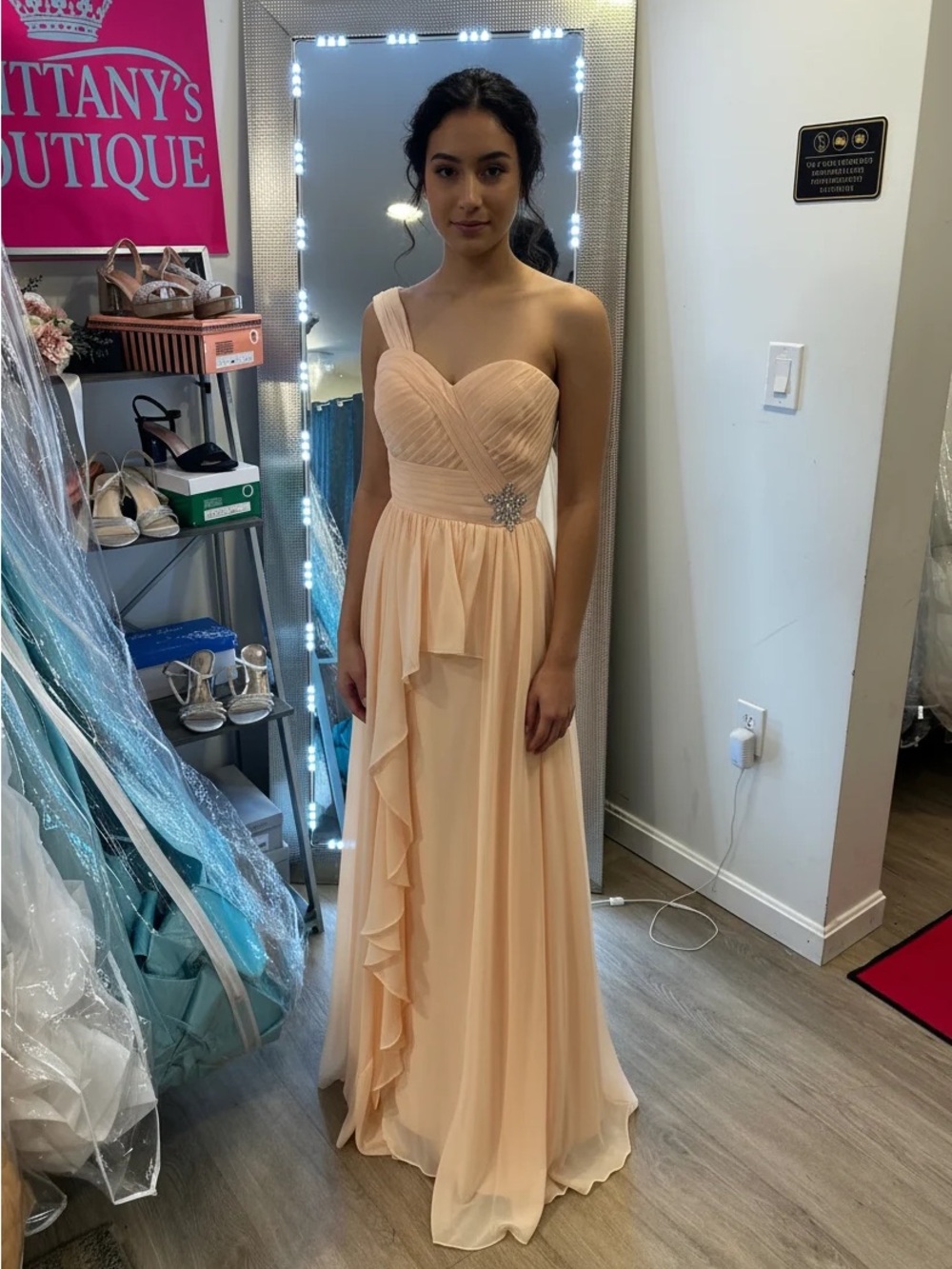 Elegant One-Shoulder Peach Evening Gown